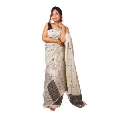 Silk Mekhela Chadar in Grey & Black