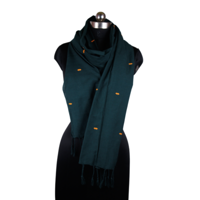 Cotton Stole Orange Geometric Motifs in Dark Green