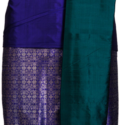 Silk Kurta Set Silver Floral Design on Pant with Green Dupatta in Blue